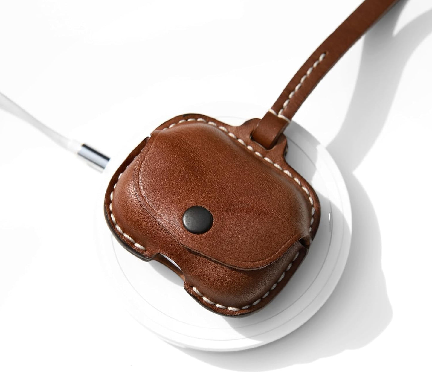 Leather Case Cover Earbud Case Strap String Compatible with Wireless Charging Case Brown