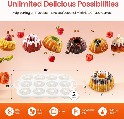 Silicone Mini Fluted Tube Pan with Metal Reinforced Frame, Non-Stick (2PCS), moldes de silicona para gelatina, Small Cake Baking Pan for para chocoflan, Donuts, Cornbread, Brownies, Jellies