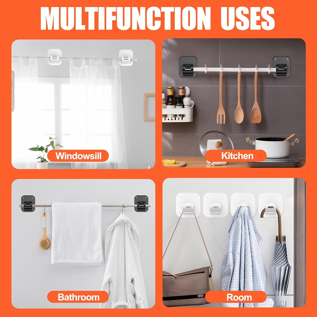 Adhesive Curtain Rods No Drilling Holder,No Drill Curtain Rod Brackets,Renter Friendly Curtain Hooks for Hanging Drapes,Over Blinds for Dorm Apartment Kitchen Bedroom Home