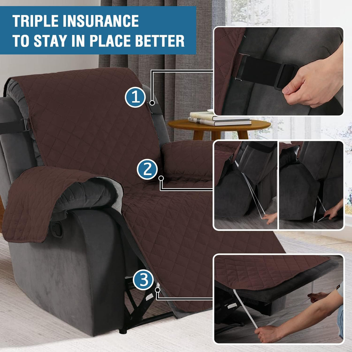 Reversible Quilted Recliner Covers Recliner Chair Cover Water Resistant Furniture Protector Washable Couch Cover with Elastic Straps for Kids, Pets (Recliner, Brown/Beige)