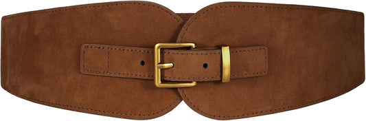 Women's Wide Elastic Belt Suede Stretchy Belt for Dress Suits with Vintage Gold Buckle