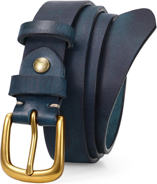 Womens Genuine Leather Belts for Jeans Pants Ladies Full Grain Belt With Vintage Gold Buckle