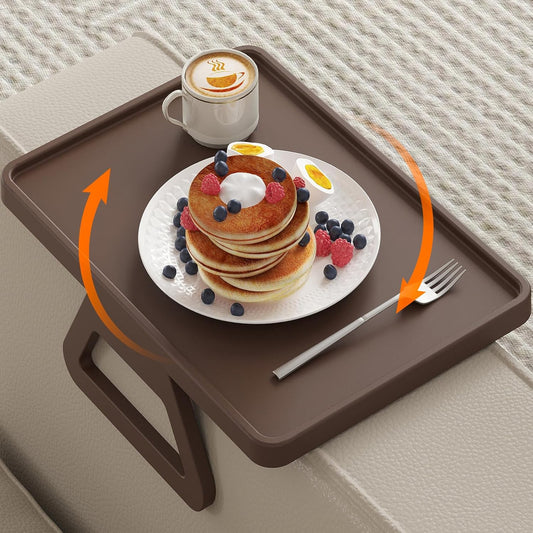 Plastic Rotating Couch Armrest Table, Adjtable Sofa Arm Clip Holder Tray for Snack/Fast Food/Fruit/Drink, Large Foldable Stable Sofa Table with Reinforced Clamp, Brown
