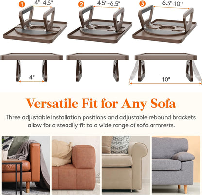 Plastic Rotating Couch Armrest Table, Adjtable Sofa Arm Clip Holder Tray for Snack/Fast Food/Fruit/Drink, Large Foldable Stable Sofa Table with Reinforced Clamp, Brown