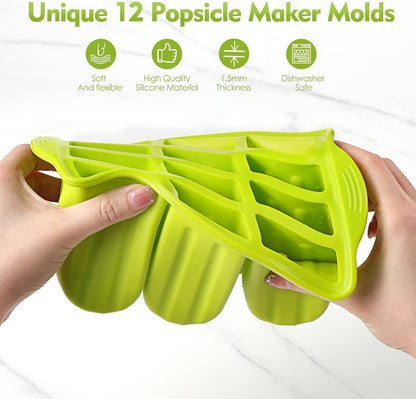 Popsicle Molds Silicone BPA-free,12 Pieces Popsicle Trays for Freezer,Homemade Ice Cream Popsicle Molds,Large Ice Pop Maker Set,Moldes Para Paletas,Ice Lolly Moulds with 100PCS Popsicle Sticks(Green)