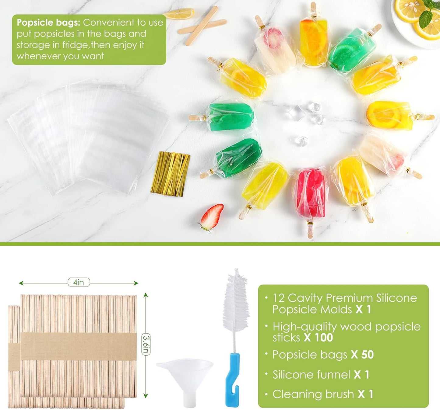 Popsicle Molds Silicone BPA-free,12 Pieces Popsicle Trays for Freezer,Homemade Ice Cream Popsicle Molds,Large Ice Pop Maker Set,Moldes Para Paletas,Ice Lolly Moulds with 100PCS Popsicle Sticks(Green)