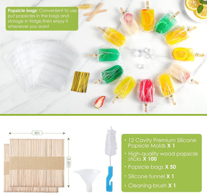Popsicle Molds Silicone BPA-free,12 Pieces Popsicle Trays for Freezer,Homemade Ice Cream Popsicle Molds,Large Ice Pop Maker Set,Moldes Para Paletas,Ice Lolly Moulds with 100PCS Popsicle Sticks(Green)
