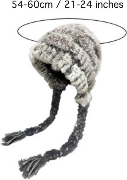 Women's Thick Rabbit Fur Knit Beanie Hat with Nordic Braids for Winter Warm, Ear Protection Thermal Headwear