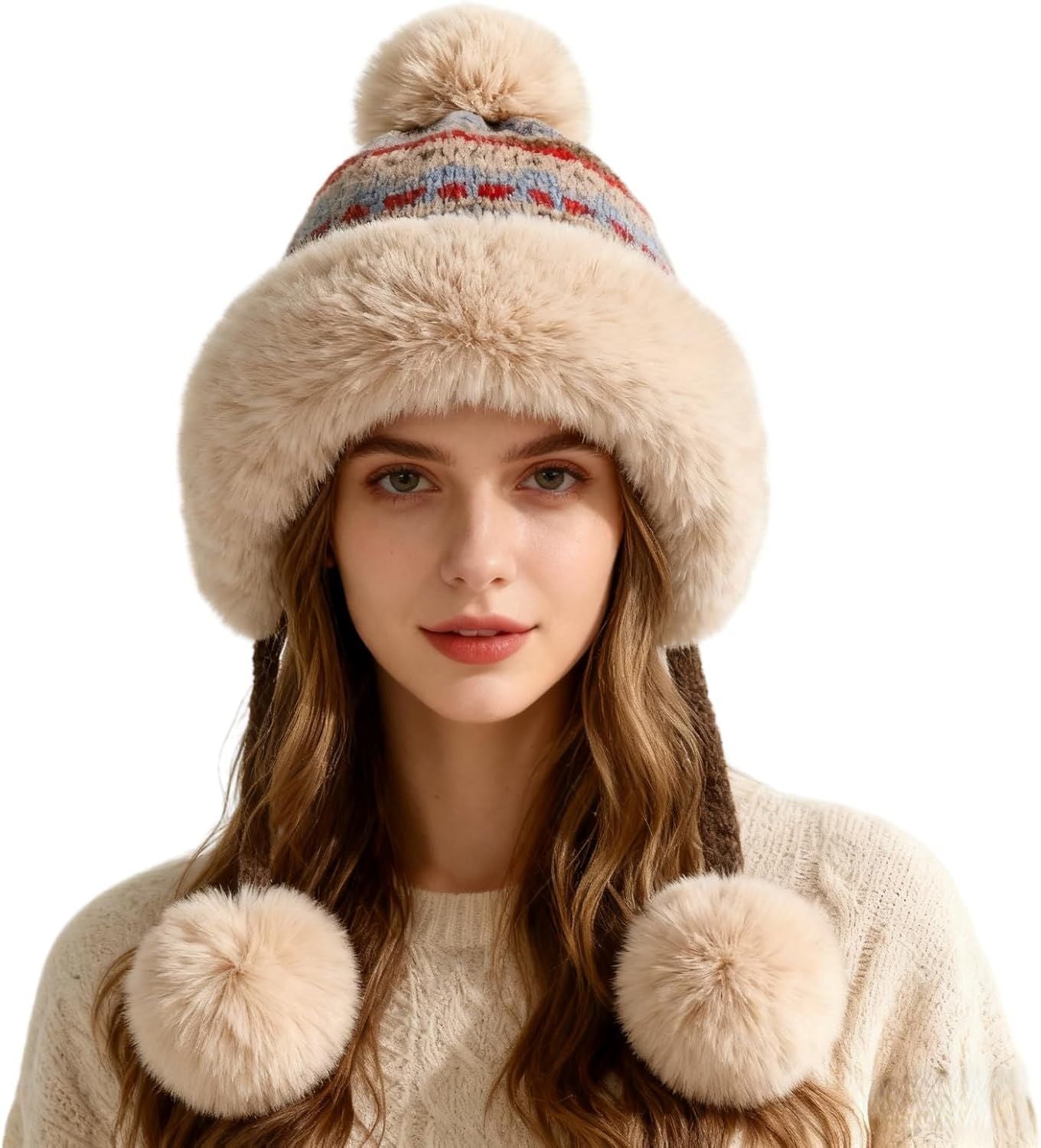 Women's Knit Bobble Hat with Fleece Lining Plush Pom Pom, Warm Winter Thermal Beanie Cute Ear Protection Cap