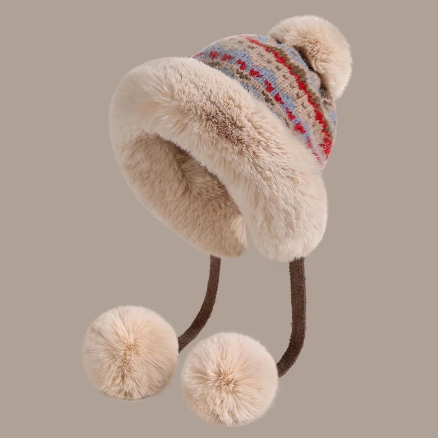 Women's Knit Bobble Hat with Fleece Lining Plush Pom Pom, Warm Winter Thermal Beanie Cute Ear Protection Cap