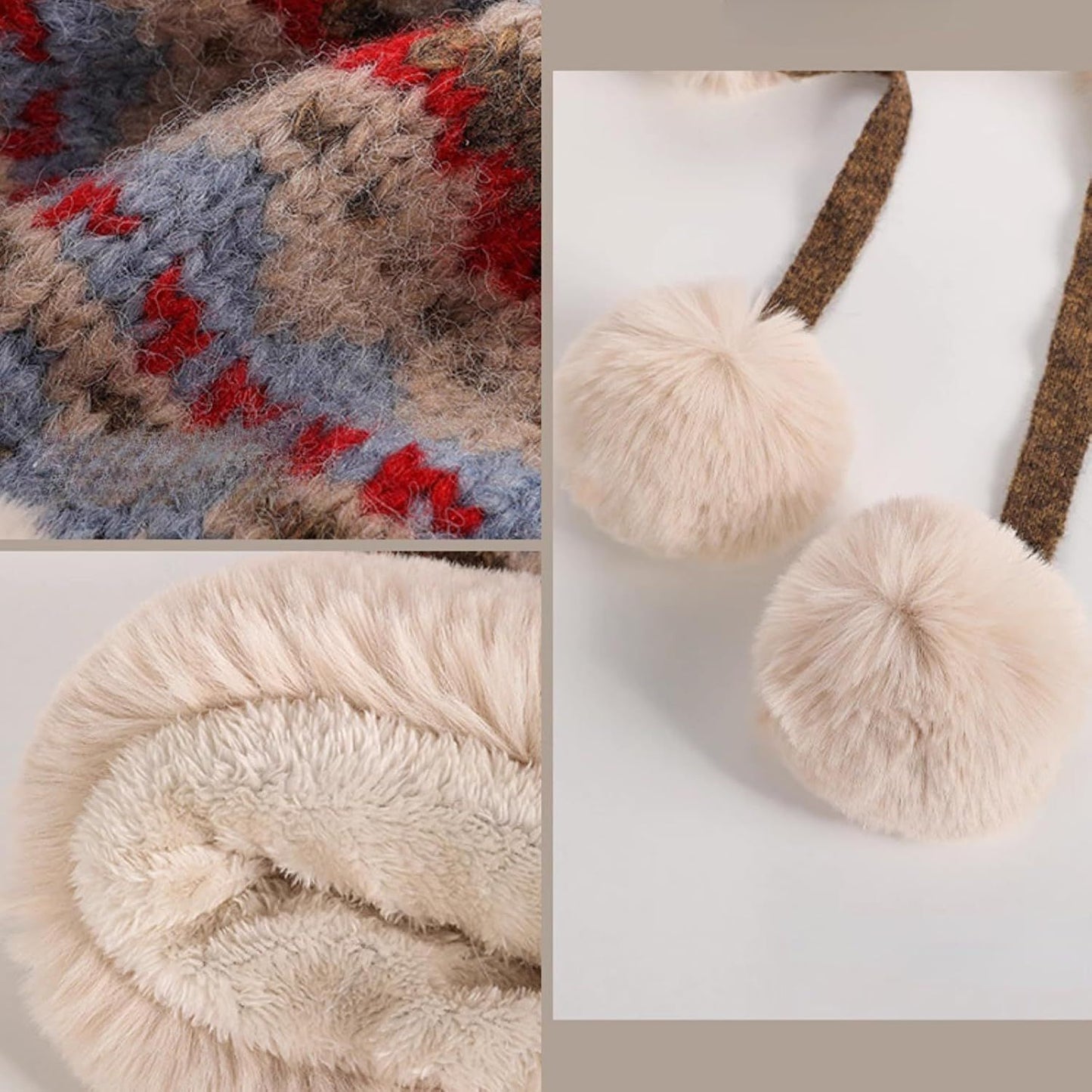 Women's Knit Bobble Hat with Fleece Lining Plush Pom Pom, Warm Winter Thermal Beanie Cute Ear Protection Cap