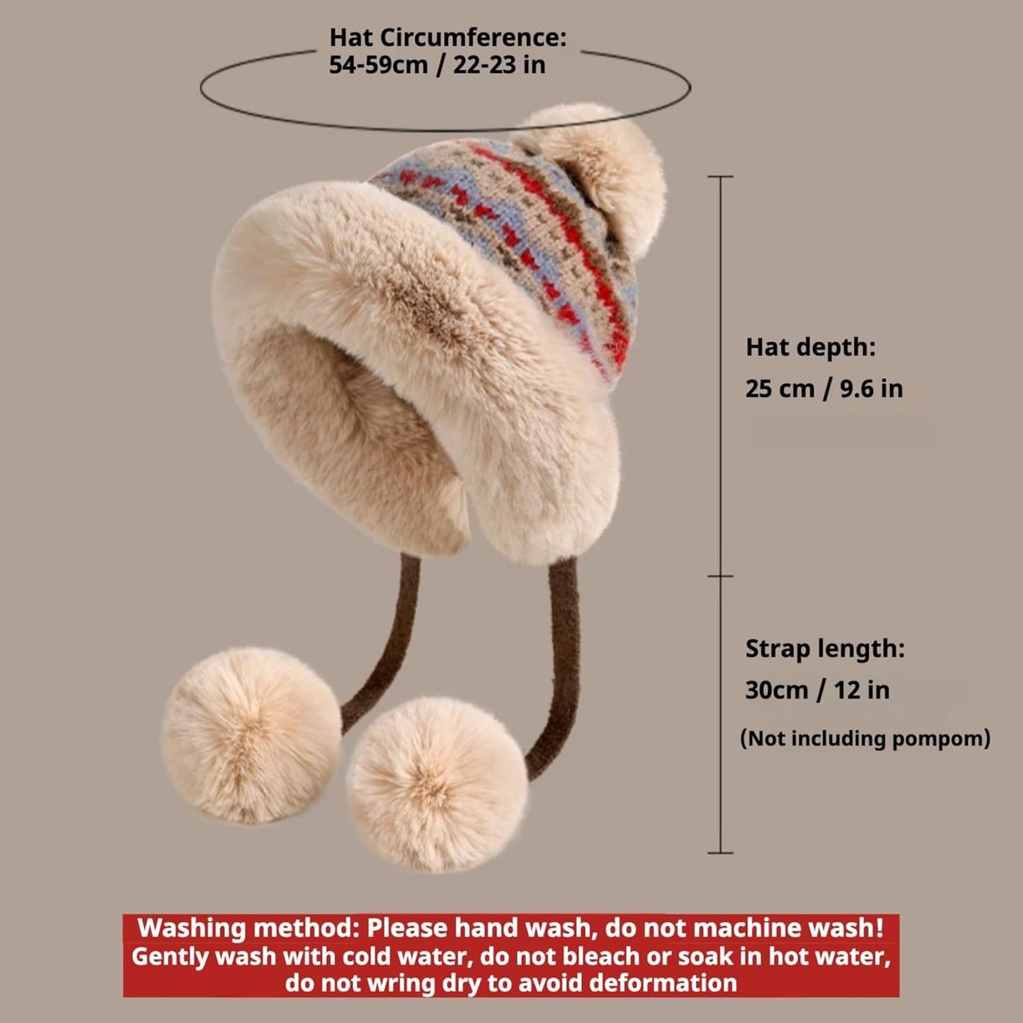 Women's Knit Bobble Hat with Fleece Lining Plush Pom Pom, Warm Winter Thermal Beanie Cute Ear Protection Cap