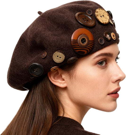 Women's Wool Blend Felt Beret Hat with Retro Button Detail, Fall Winter Fashion Artistic Cap Korean Style