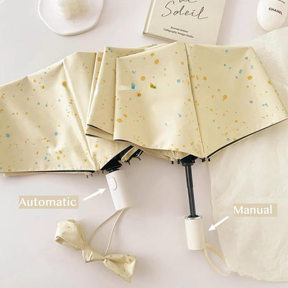 Cheesy Beige Rain & Shine Auto/Manual Foldable Umbrella for UPF 50+ UV Protection, Stylish Sun Parasol with Black Coating