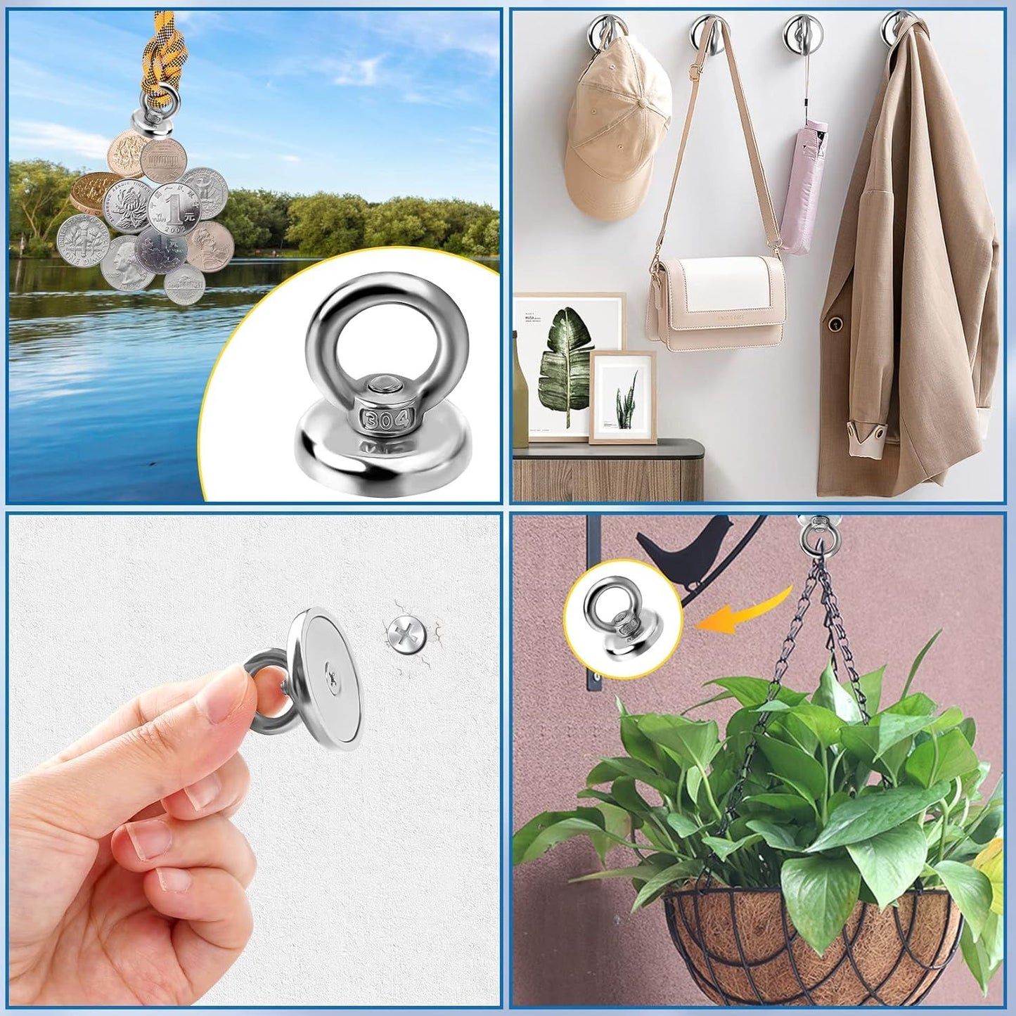Magnetic Hooks Heavy Duty 10 Pack, 60 lbs Pulling Force Rare Earth Magnets with Countersunk Hole Eyebolt, Neodymium Magnet Hooks Heavy Duty for Home, Workplace, Garage, Kitchen and Office