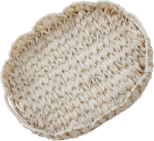 16.5 inch Round Wicker Tray, Boho Decorative Coffee Table Tray,Woven Serving Tray with Handles,Wicker Scallop Basket