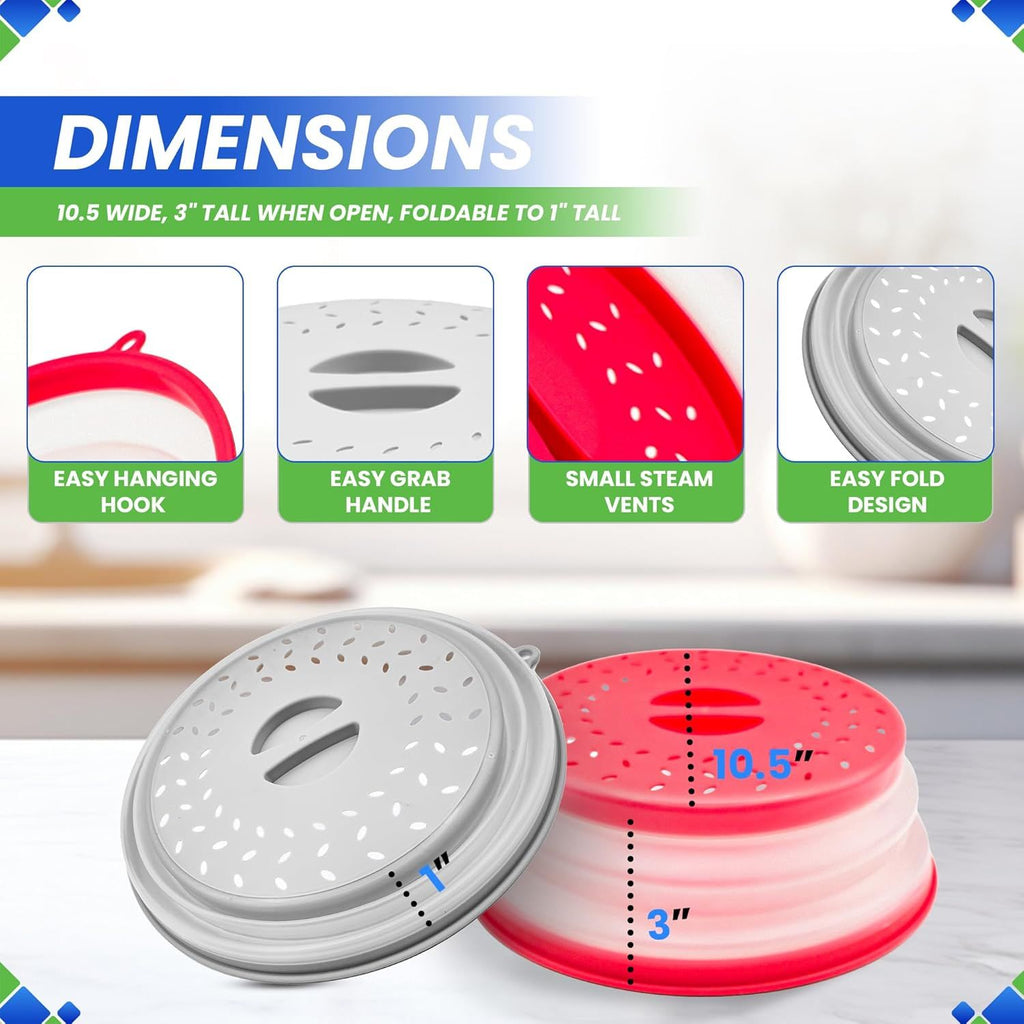 Microwave Splatter Cover 10.5” - Foldable Silicone Microwave Cover for Food Splatter Covers the Dish and Plate - Durable Silicone Microwave Food Cover Lid With Vents for Microwave Splatter Protection