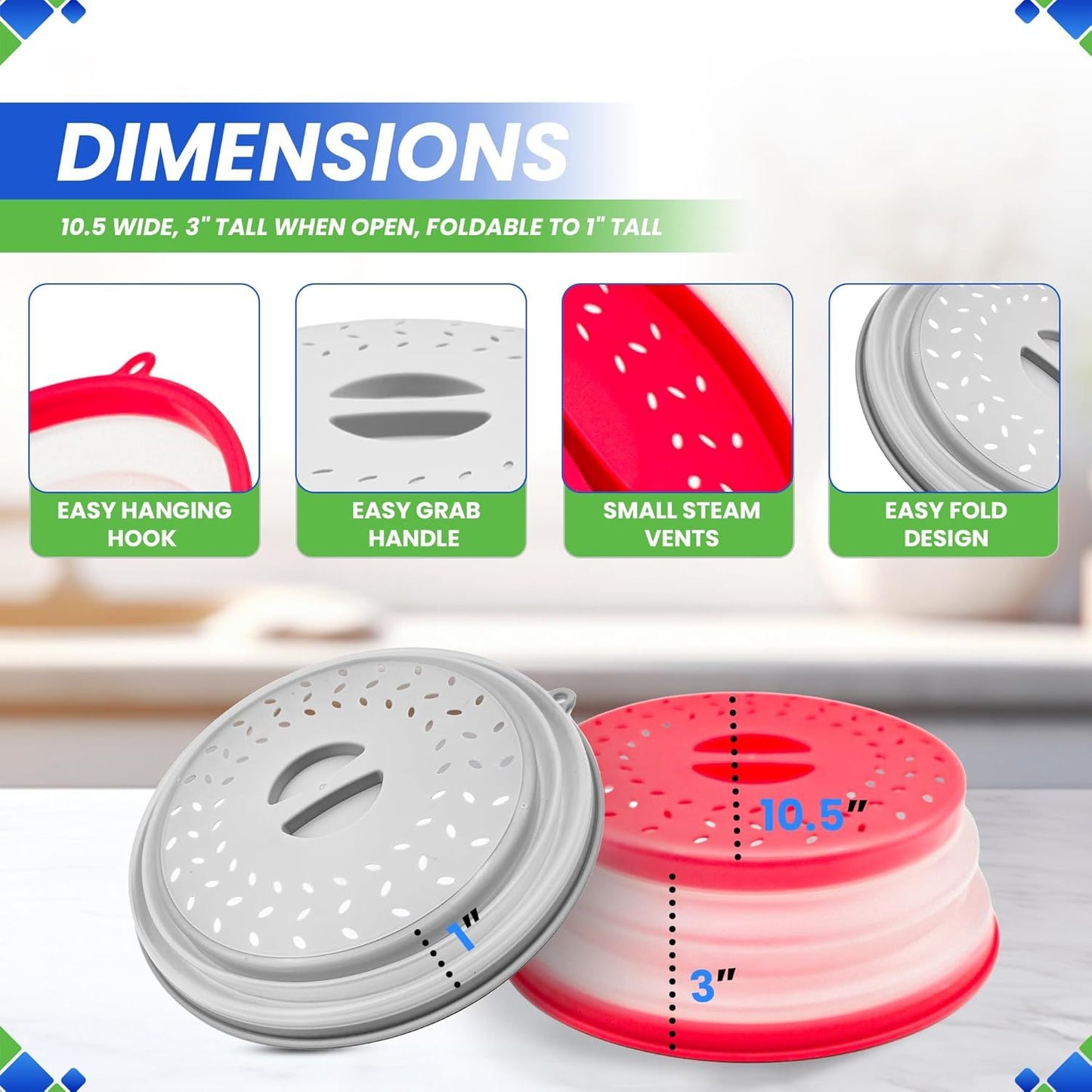 Microwave Splatter Cover 10.5” - Foldable Silicone Microwave Cover for Food Splatter Covers the Dish and Plate - Durable Silicone Microwave Food Cover Lid With Vents for Microwave Splatter Protection
