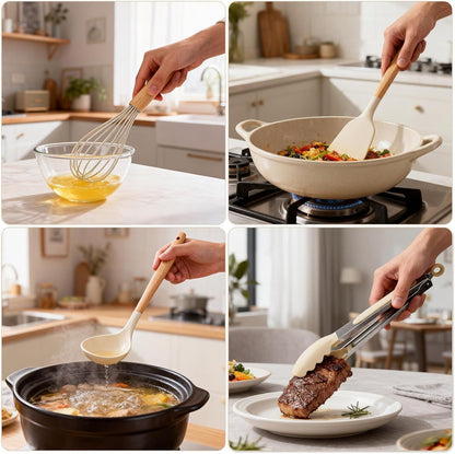Silicone Cooking Utensil Set,12 PCS Cooking Cookware Kitchen Utensils Set for Cooking, Nonstick 446°F Heat-Resistant Cookware Kitchen Tools of Spoon,Brush,Whisk,Spatula,Turner Tongs (Khaki)