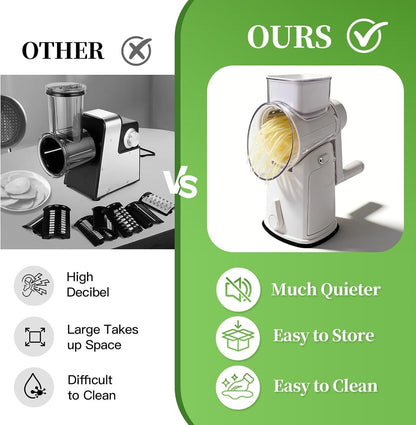 Rotary Cheese Grater Hand Crank - Cheese Shredder with 5 Blades & Storage Room, Easy to Clean, Stable Suction, Labor-Saving Handle, Rotary Grater Slicer for Fruit, Vegetables, Nuts, Chocolate