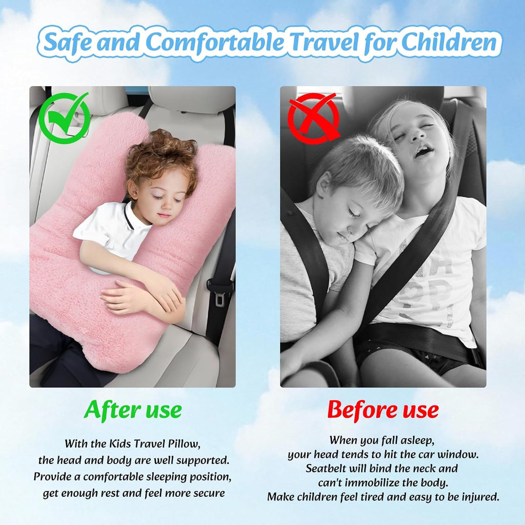 Travel Pillow, Car Pillow for Kids & Adults - Ergonomic Travel Pillows Sleeping Aid for Neck & Body Support, Car Travel Essentials Pillow on Road Trips-Pink