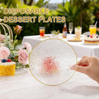 100 Pack Clear Gold Plastic Dessert Plates, 6Inch Clear Gold Small Appetizer Plates With Hammered, Heavy Duty Disposable Salad Plate, Elegant Cake Platos for Wedding, Birthday, Teatime