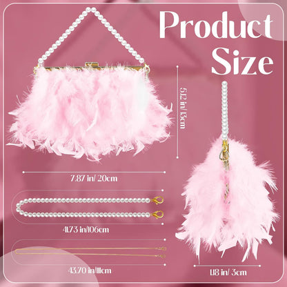 Feather Clutch Purses for Women, Evening Bags Furry Purse with 2 Chains Wedding Bride Fringe Glossy Designer Pink