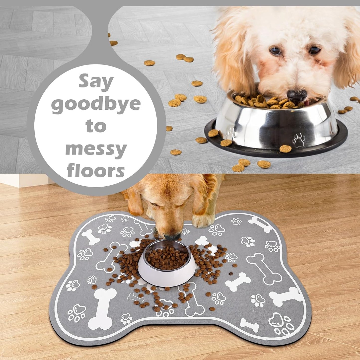 Dog Cat Food Mat,Rapid AbsorbentPet Feeding Mat, Bone Shaped Dog Placemat Water Bowl Mat with Rubber Backing,No Stains Dog Cat Food Mats Indoor, Pet Accessories Supplies 12"x18" Grey