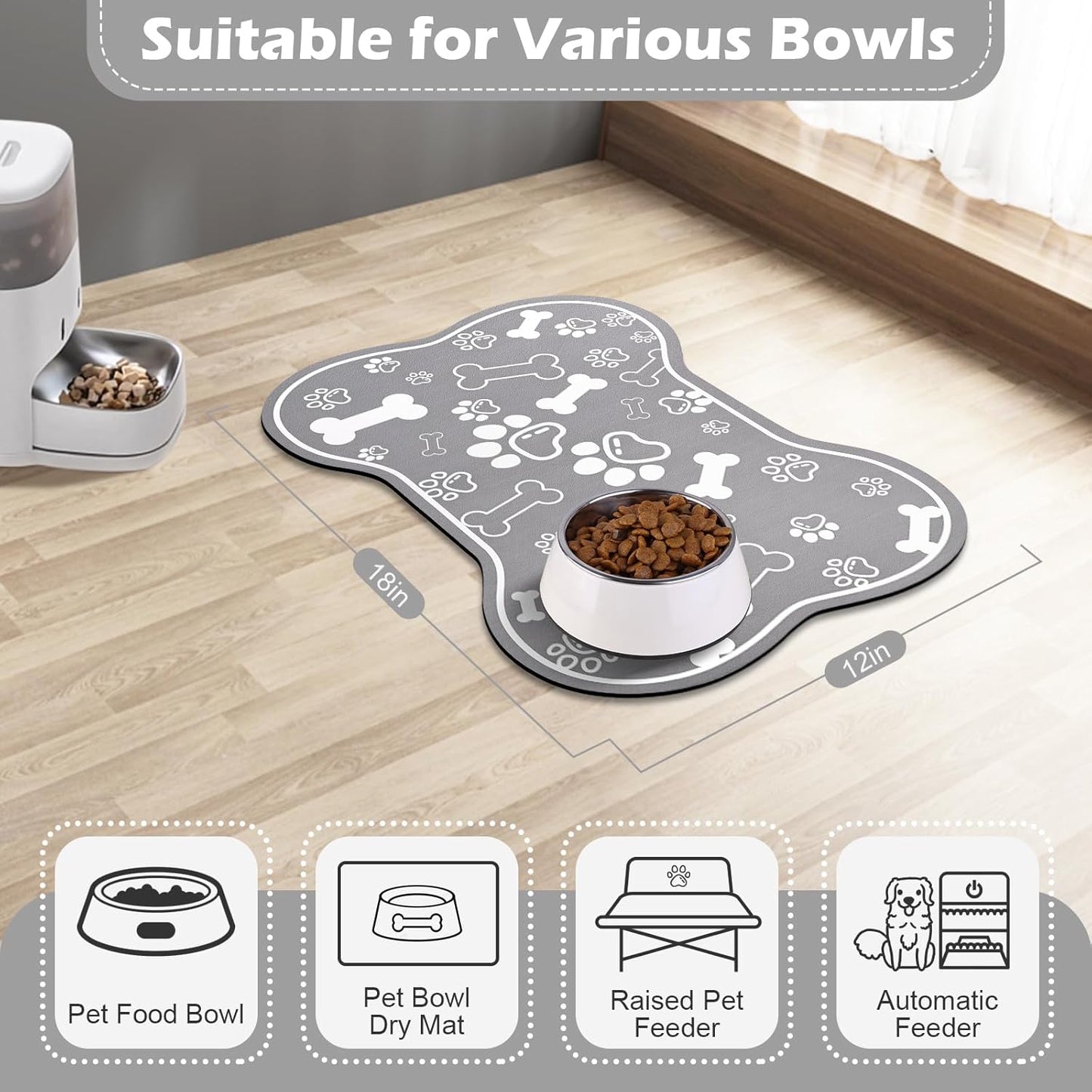 Dog Cat Food Mat,Rapid AbsorbentPet Feeding Mat, Bone Shaped Dog Placemat Water Bowl Mat with Rubber Backing,No Stains Dog Cat Food Mats Indoor, Pet Accessories Supplies 12"x18" Grey