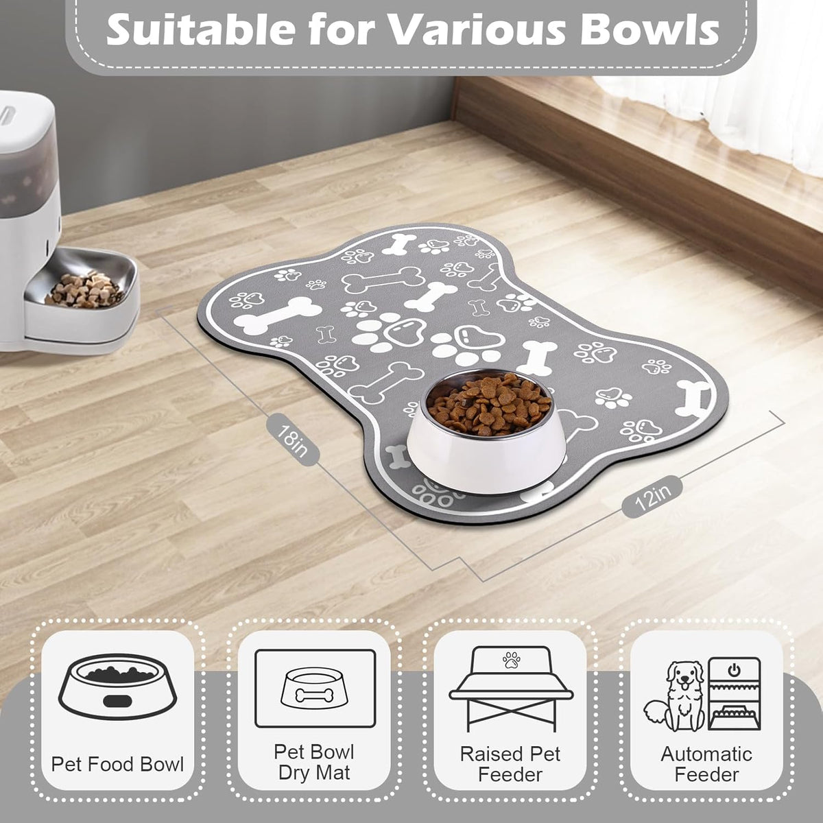 Dog Cat Food Mat,Rapid AbsorbentPet Feeding Mat, Bone Shaped Dog Placemat Water Bowl Mat with Rubber Backing,No Stains Dog Cat Food Mats Indoor, Pet Accessories Supplies 12"x18" Grey