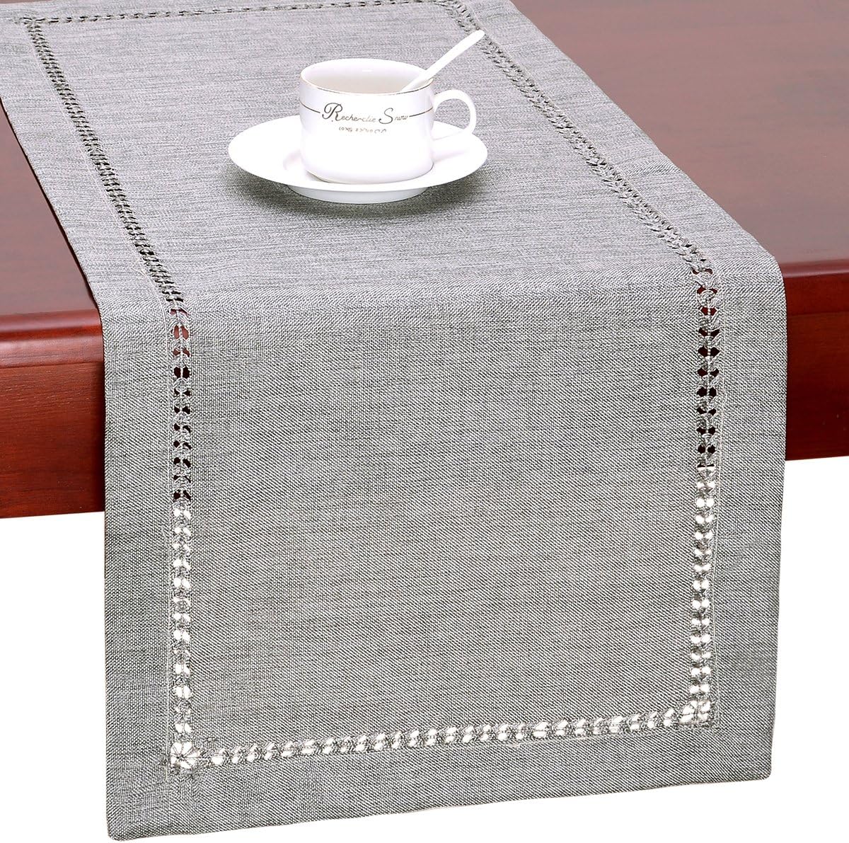 Handmade Hemstitch Gray Dining Table Runner Or Dresser Scarf, Rectangular 14 by 72 Inch