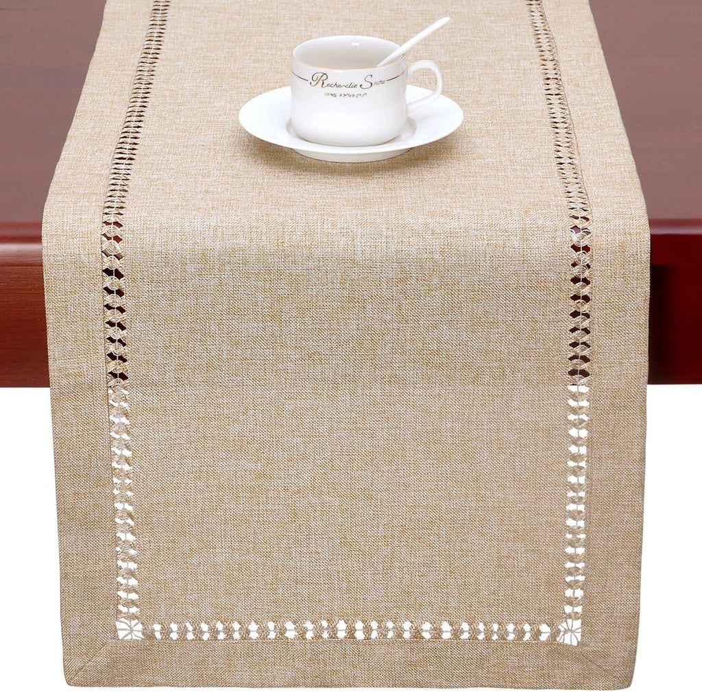 Handmade Hemstitch Beige Table Runner Or Dresser Scarf, Rectangular 14 By 108 Inch