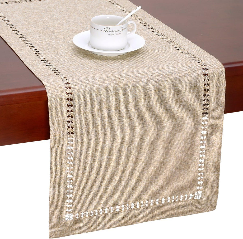 Handmade Hemstitch Beige Table Runner Or Dresser Scarf, Rectangular 14 By 108 Inch