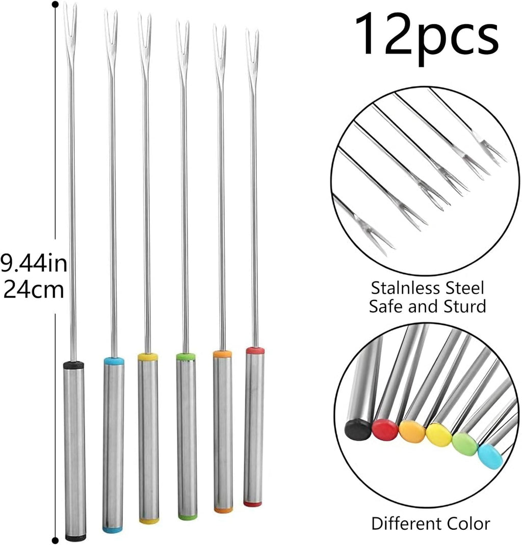 12 Pieces Fondue Forks, Stainless Steel Fondue Forks Roasting Sticks 24cm Fondue Skewers with Heat Resistant Handle for Cheese Chocolate Fondue Roast Marshmallows Meat