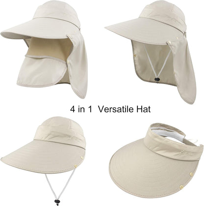 Women Sun Wide Brim UV Protection Fishing Hats Foldable Ponytail Summer Hat with Detachable Flap