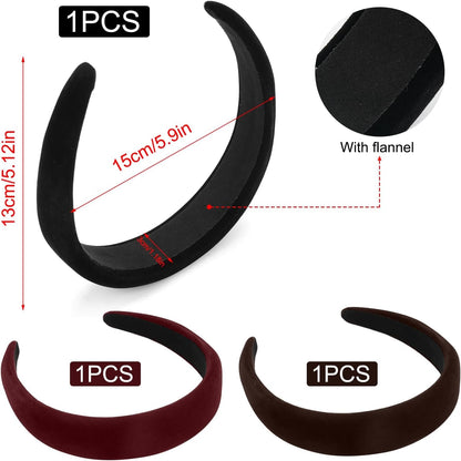 Thick Velvet Headband, 3Pcs Velvet Headbands for Women, 90s Hair Accessories Wide Padded Headbands, Solid Velvet Bezel Headband Fashion Elastic Head Bands for Women's Hair, Girls Velvet Headband