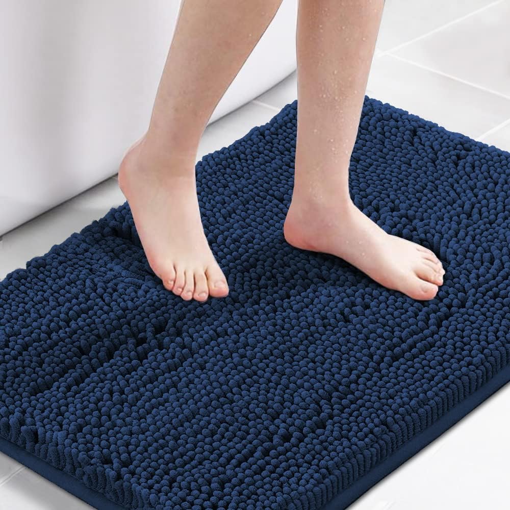 Navy Blue Bath Rug, Mat Non Slip Mats for Bathroom Floor, Rug Extra Thick Chenille 17" x 24" Absorbent Soft Shaggy Washable Dry Fast Plush Rugs Bathtubs