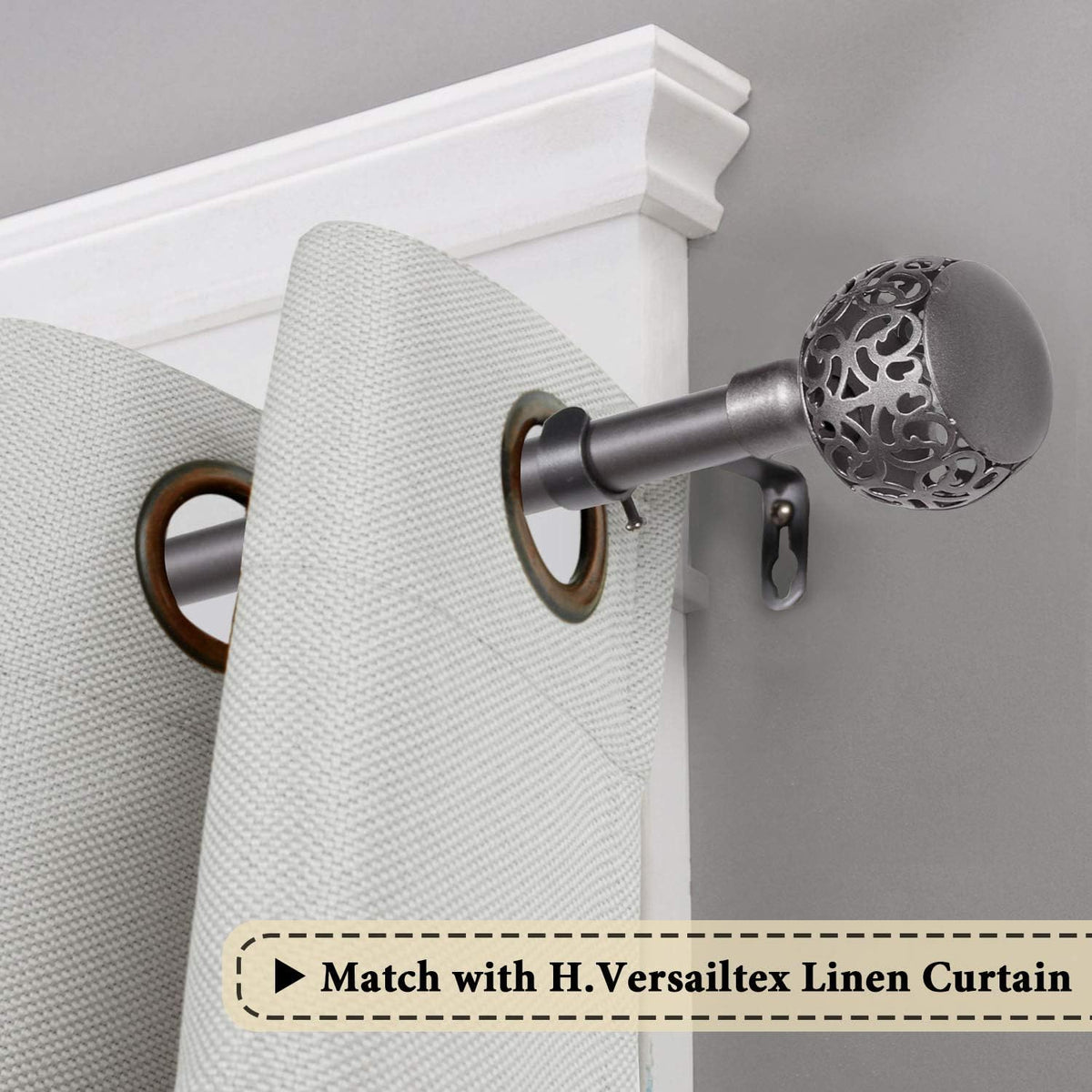 Window Treatment Single Curtain Rod Set Telescoping with Carved Hollow Ball Finials, Adjustable Length from 28 to 48-Inch, 3/4 Inch Diameter, Pewter 28"-48"