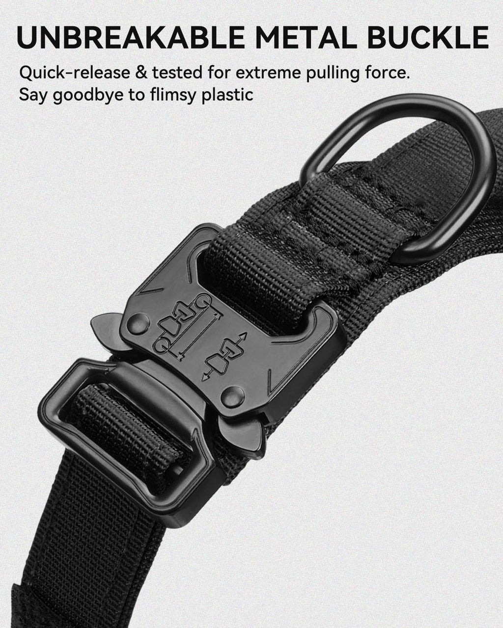 Tactical Dog Collar with Handle and Metal Buckle, Heavy Duty Padded Military 2 Patches for Training, Adjustable Large Dogs, Black, L Black