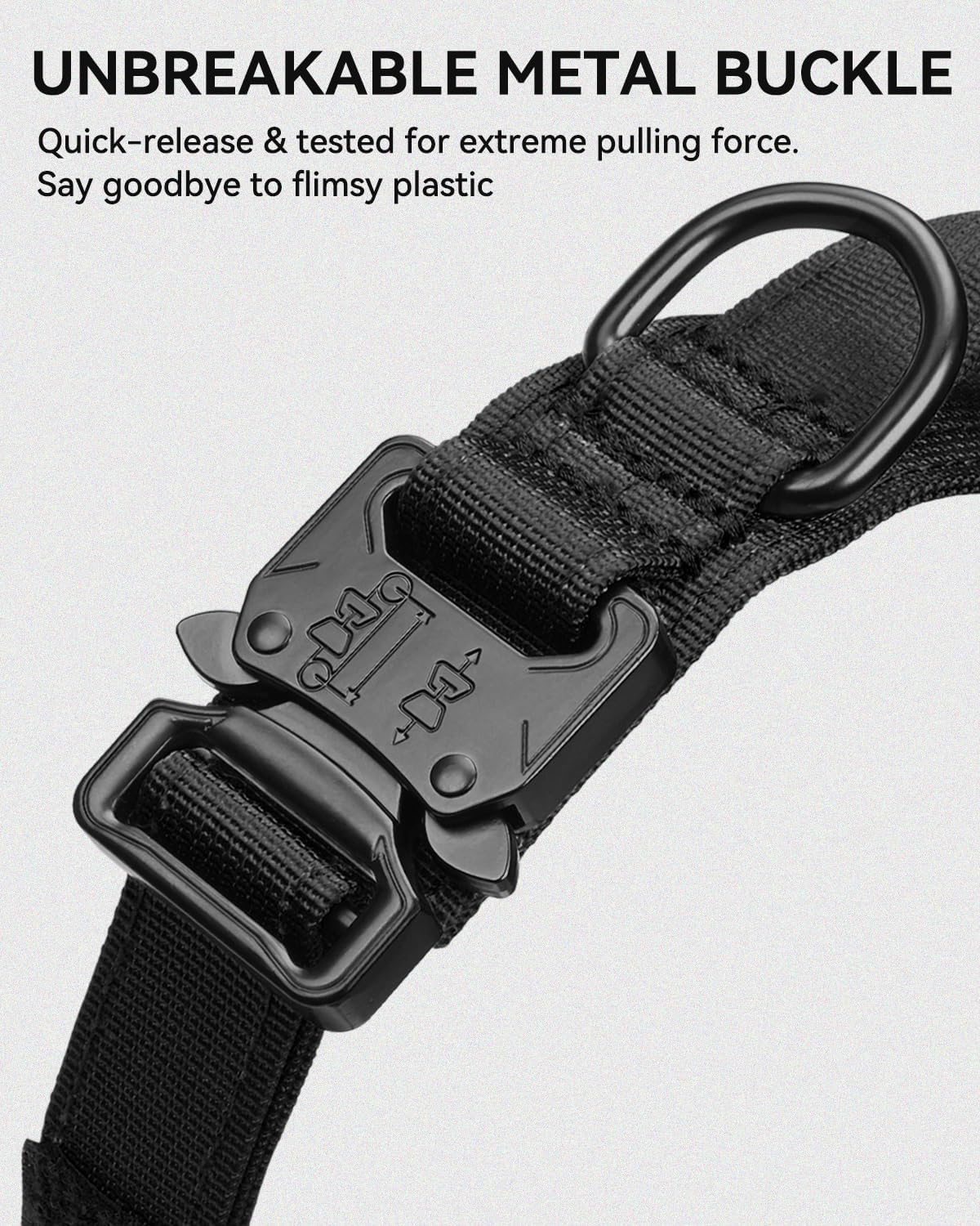 Tactical Dog Collar with Handle and Metal Buckle, Heavy Duty Padded Military 2 Patches for Training, Adjustable Large Dogs, Black, L Black