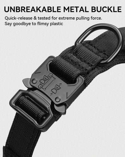 Tactical Dog Collar with Handle and Metal Buckle, Heavy Duty Padded Military 2 Patches for Training, Adjustable Large Dogs, Black, L Black