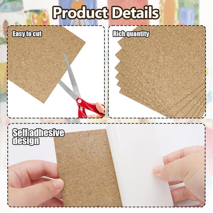 Biaungdo 10 Pcs Self Adhesive Cork Sheets, 4 X 4 Inch Cork Tile Sheet with Adhesive Backing, Square Insulation Sticky Backing Sheets for DIY Coasters, Craft Projects, Wedding Party, Wall Decor