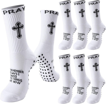 4 Pairs Christian Cross Socks Cross Grip Soccer Sock Anti Slip with Bible Verse Card I Still Remember The Day I Pray or Men Dad Husband Birthday Easter Religious Soccer Sock Jesus VBS Gits