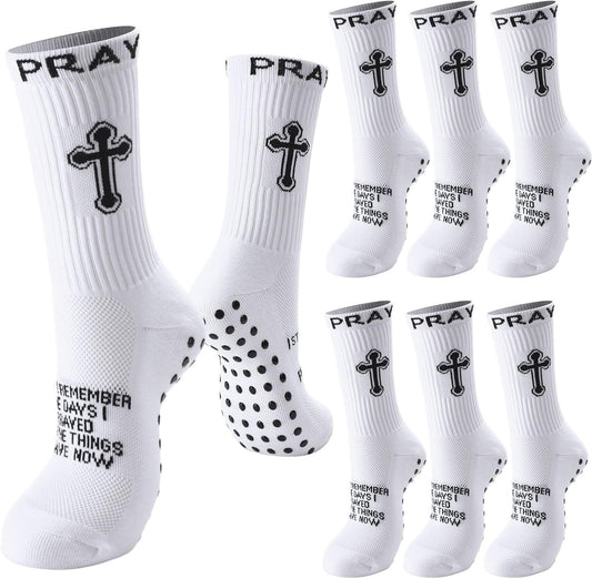 4 Pairs Christian Cross Socks Cross Grip Soccer Sock Anti Slip with Bible Verse Card I Still Remember The Day I Pray or Men Dad Husband Birthday Easter Religious Soccer Sock Jesus VBS Gits
