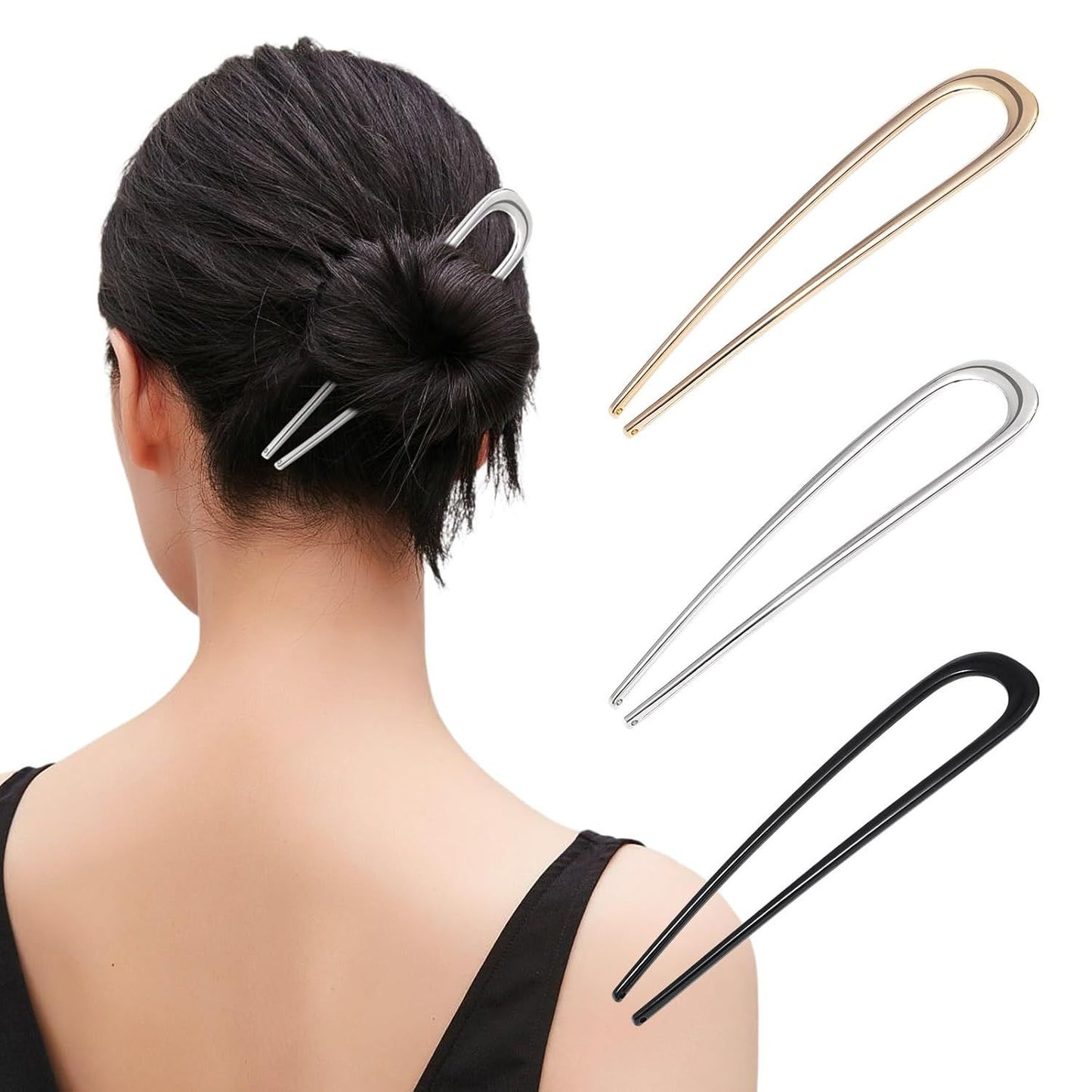 3Pcs rench Hair Pins or Women - Metal Hair orks or Elegant Bun, Twist & Chignon Hairstyle Accessories (U+Black+Gold+Sliver)