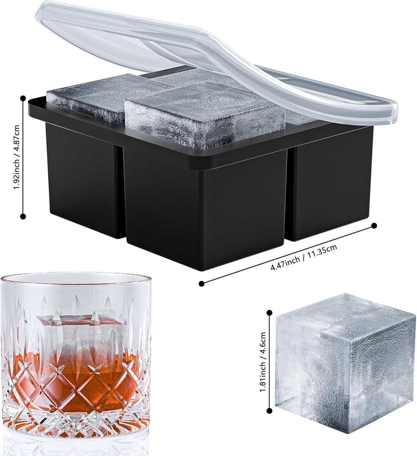 Bangp Large Ice Cube Tray for Whiskey,Silicone Ice Cube Trays 2 Pack,Large Ice Cube Molds with Leak Proof Removable Lid,Square Ice Cube Tray for Whiskey and Cocktail