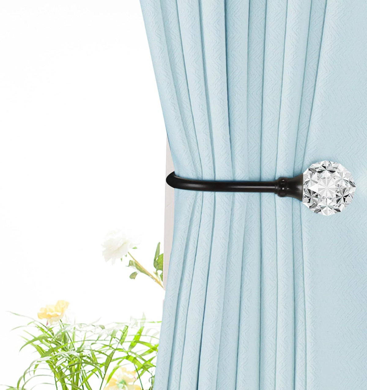 2 x Heavy Duty U Shaped Metal Curtain Holdbacks Curtain Tiebacks with Clear Crystal Ball Pull Backs Curtain Holders or Drapes (Black)