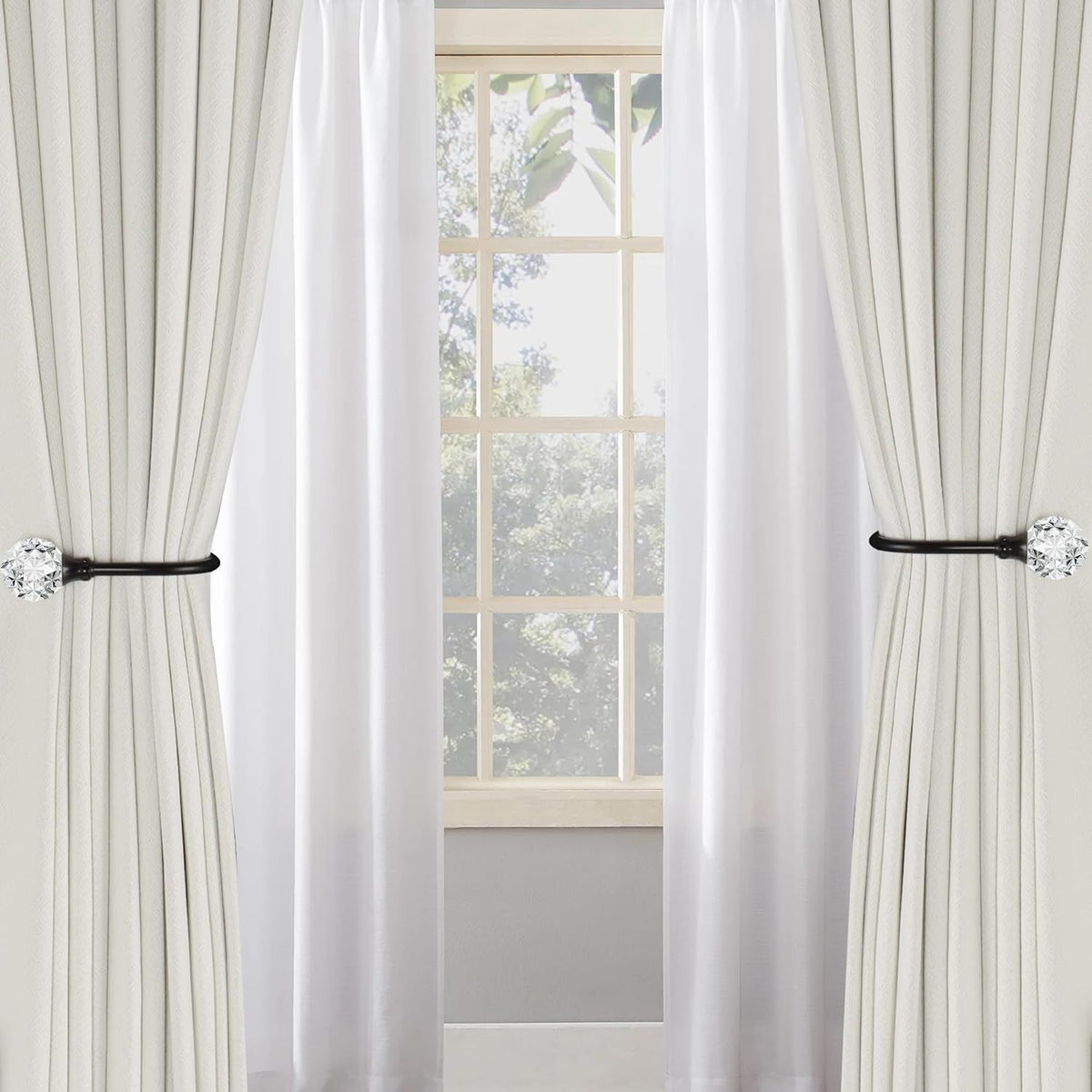 2 x Heavy Duty U Shaped Metal Curtain Holdbacks Curtain Tiebacks with Clear Crystal Ball Pull Backs Curtain Holders or Drapes (Black)