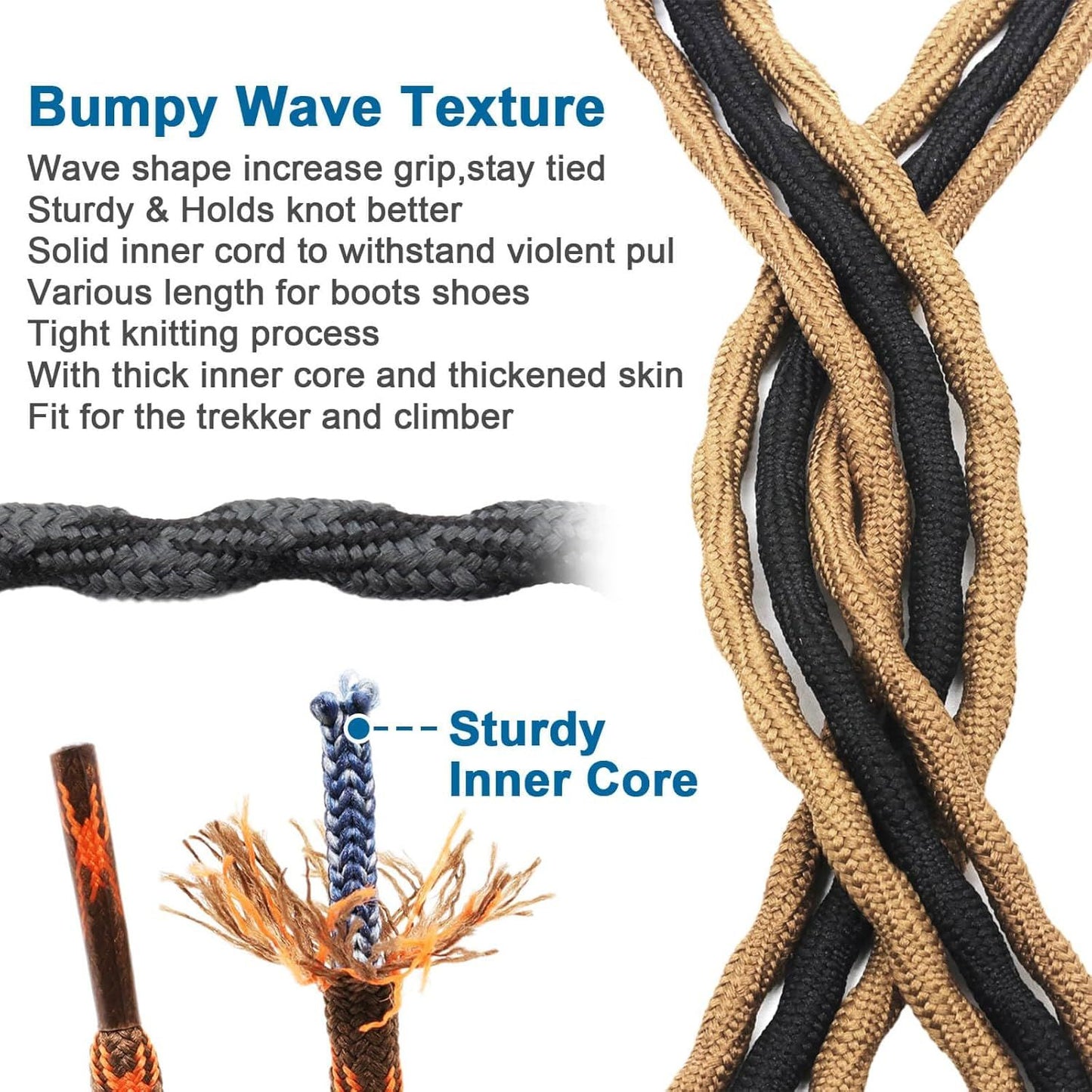 2 Pair Round Wave Shape Non Slip Heavy Duty and Durable Outdoor Climbing Shoelaces Hiking Shoe Laces Shoestrings
