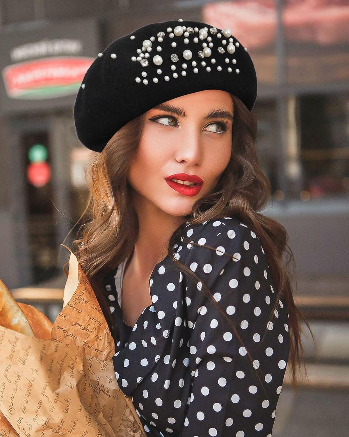 Classic rench Wool Beret with Pearl & Rhinestone Embellishments, Beanie Cap Style Hat or Women and Girls